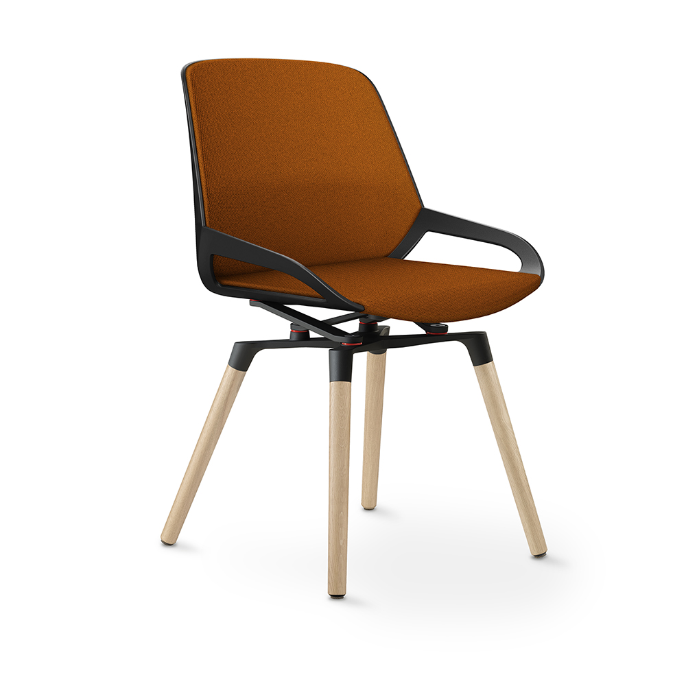 Aeris Numo Comfort Holzbeine Eiche Gestell schwarz Sitzschale schwarz Bezug gelb-orange meliert mit Rückenpolster