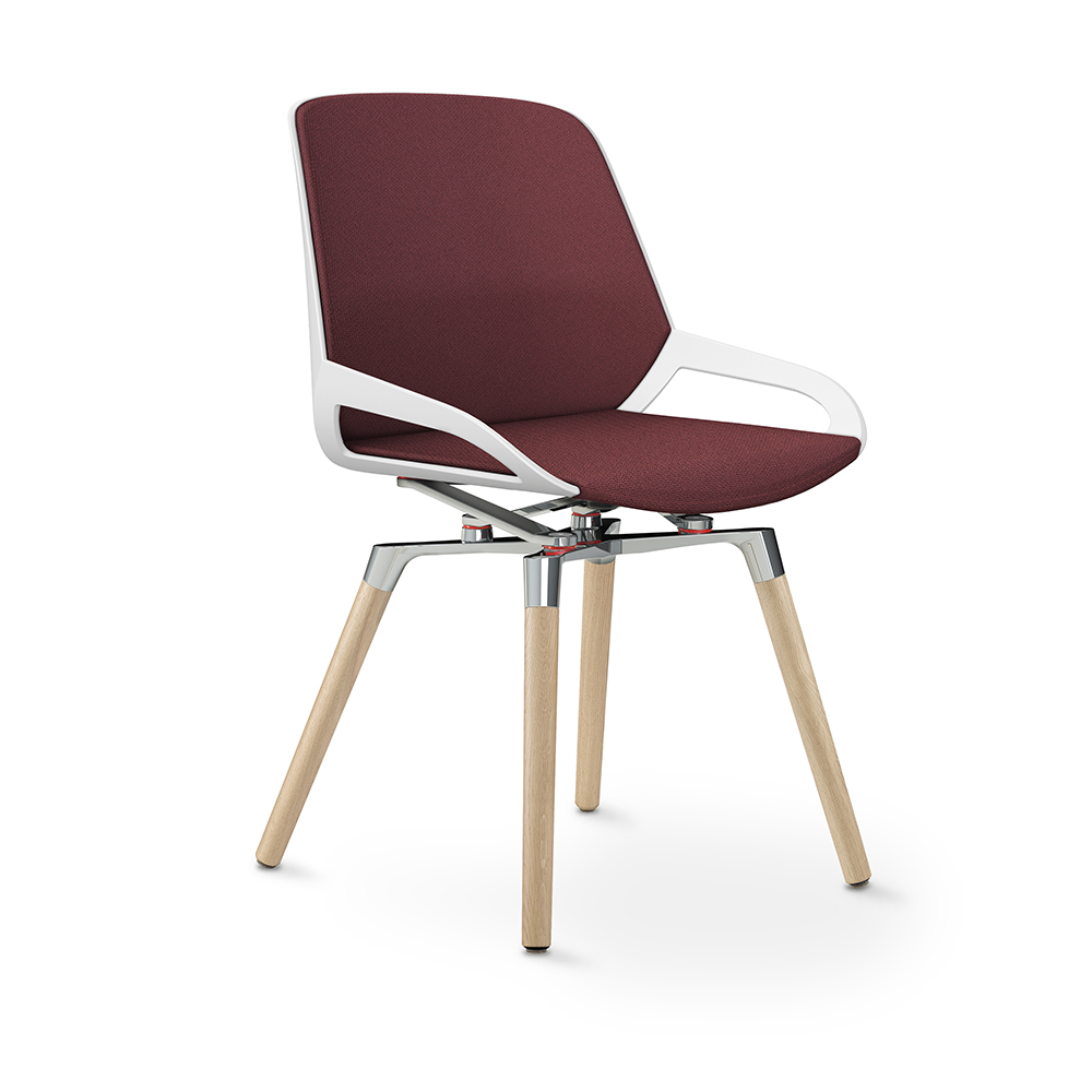 Aeris Numo Comfort Holzbeine Eiche Gestell hochglanz Sitzschale weiß Bezug dunkelviolett meliert mit Rückenpolster