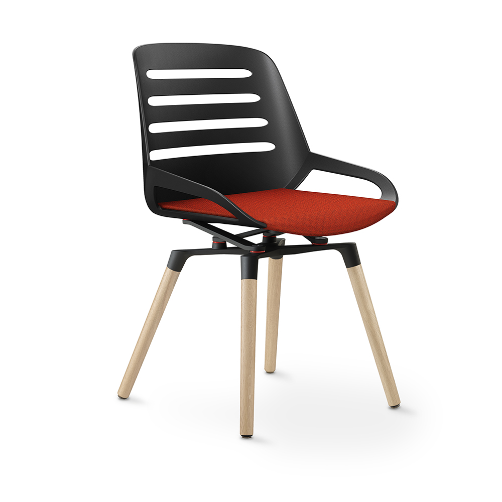 Aeris Numo Comfort Holzbeine Eiche Gestell schwarz Sitzschale schwarz Bezug orange-rot meliert 