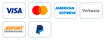 Logos Zahlungsarten Vorkasse, MasterCard, American Express, VISA, Sofort Überweisung, PayPal