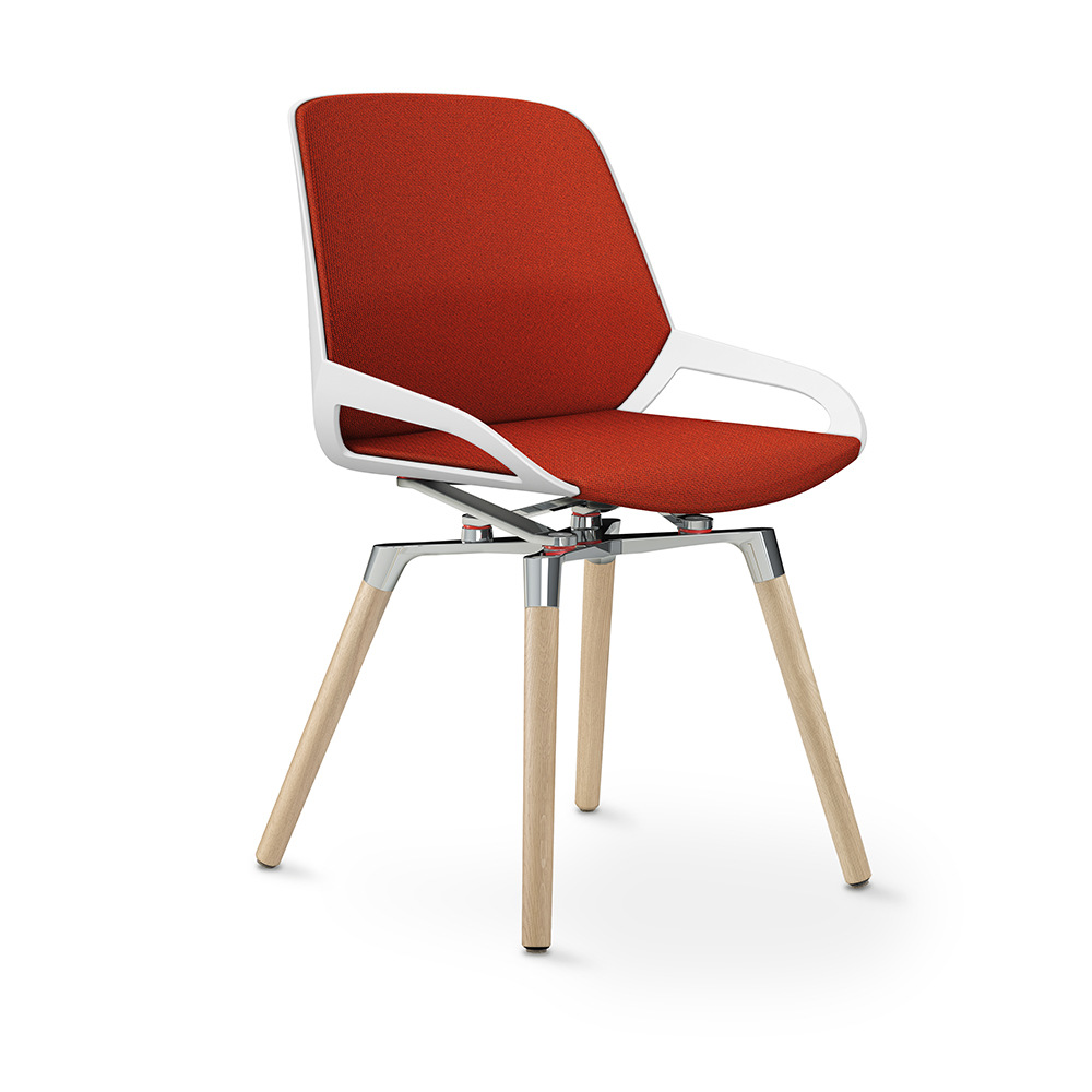 Aeris Numo Comfort Holzbeine Eiche Gestell hochglanz Sitzschale weiß Bezug orange-rot meliert mit Rückenpolster