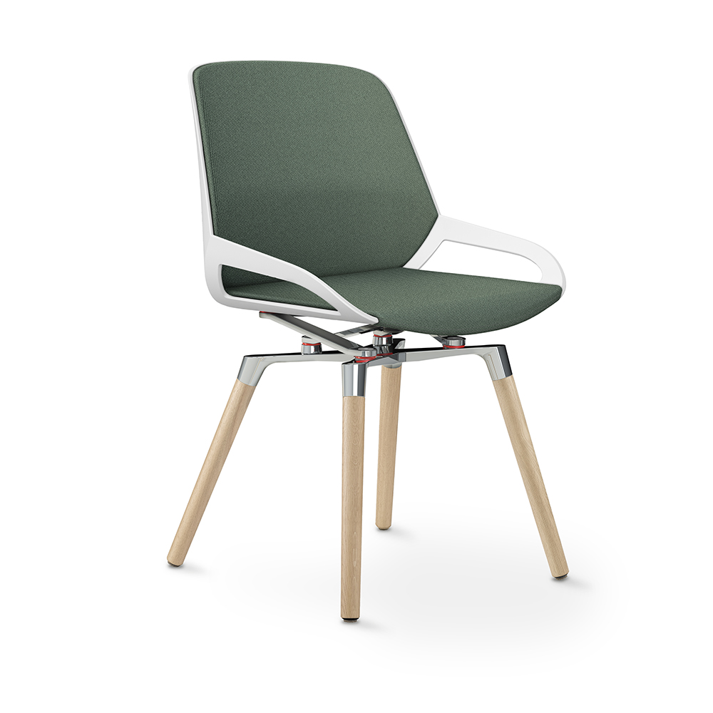 Aeris Numo Comfort Holzbeine Eiche Gestell hochglanz Sitzschale weiß Bezug blassgrün meliert mit Rückenpolster